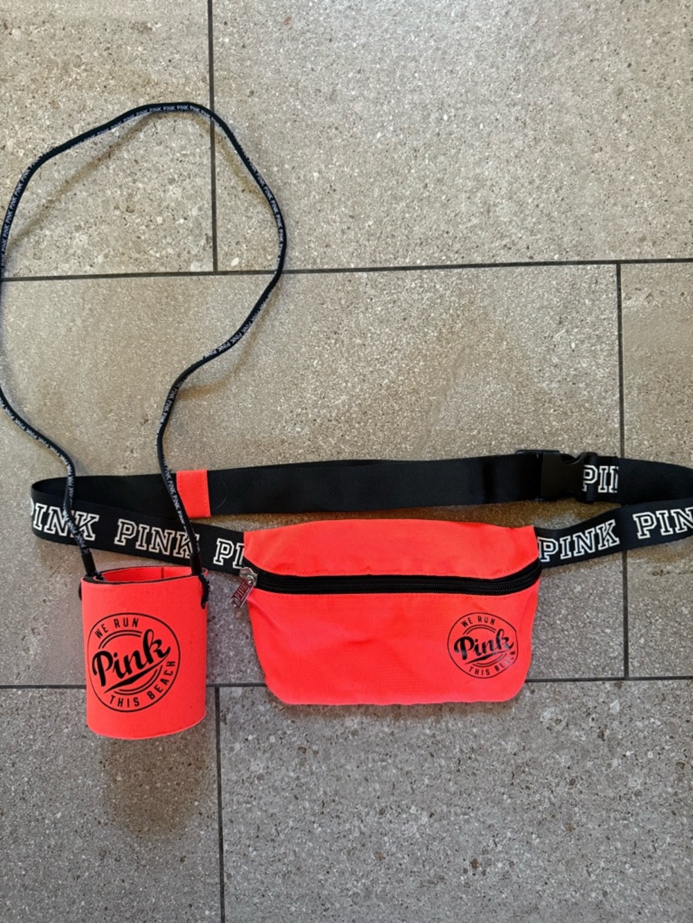 PINK Neon Coral Festival Belt Bag Set w/ Drink Holder | Sporty Beachy Vibe